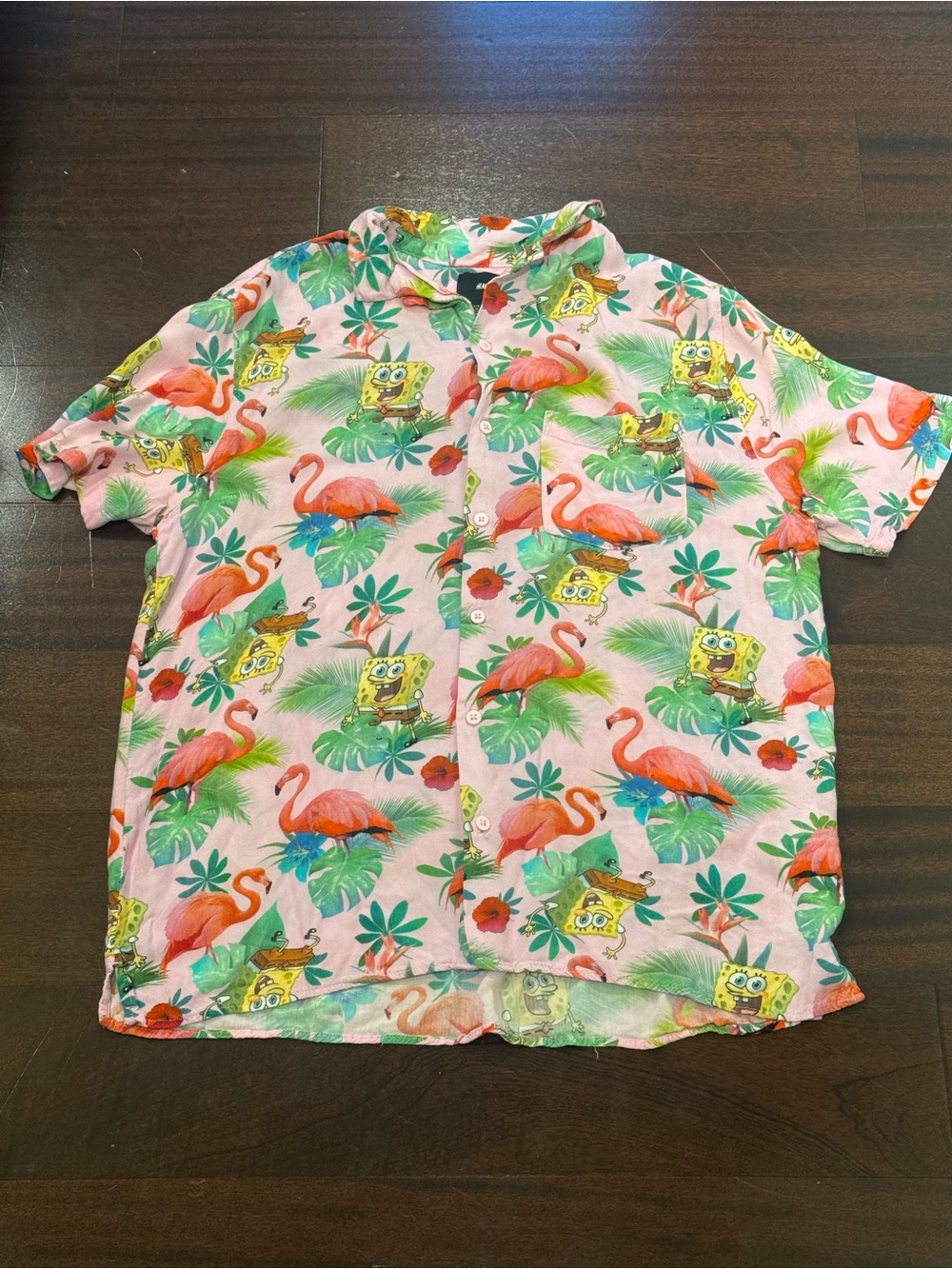 H&M Pink Tropical Flamingo & SpongeBob Print Button-Up Shirt